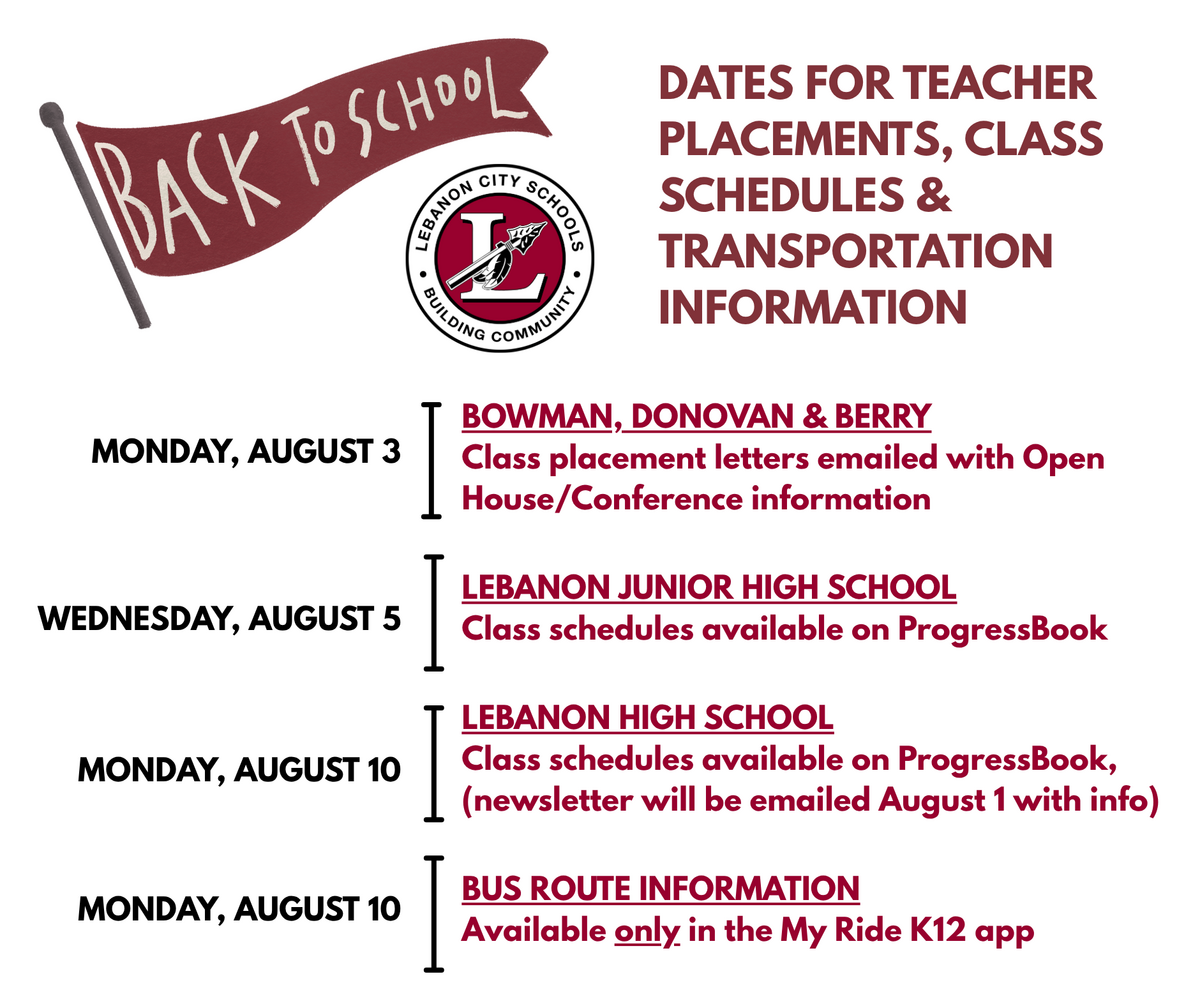 graphic showing dates for teacher placements, class schedules and transportation information